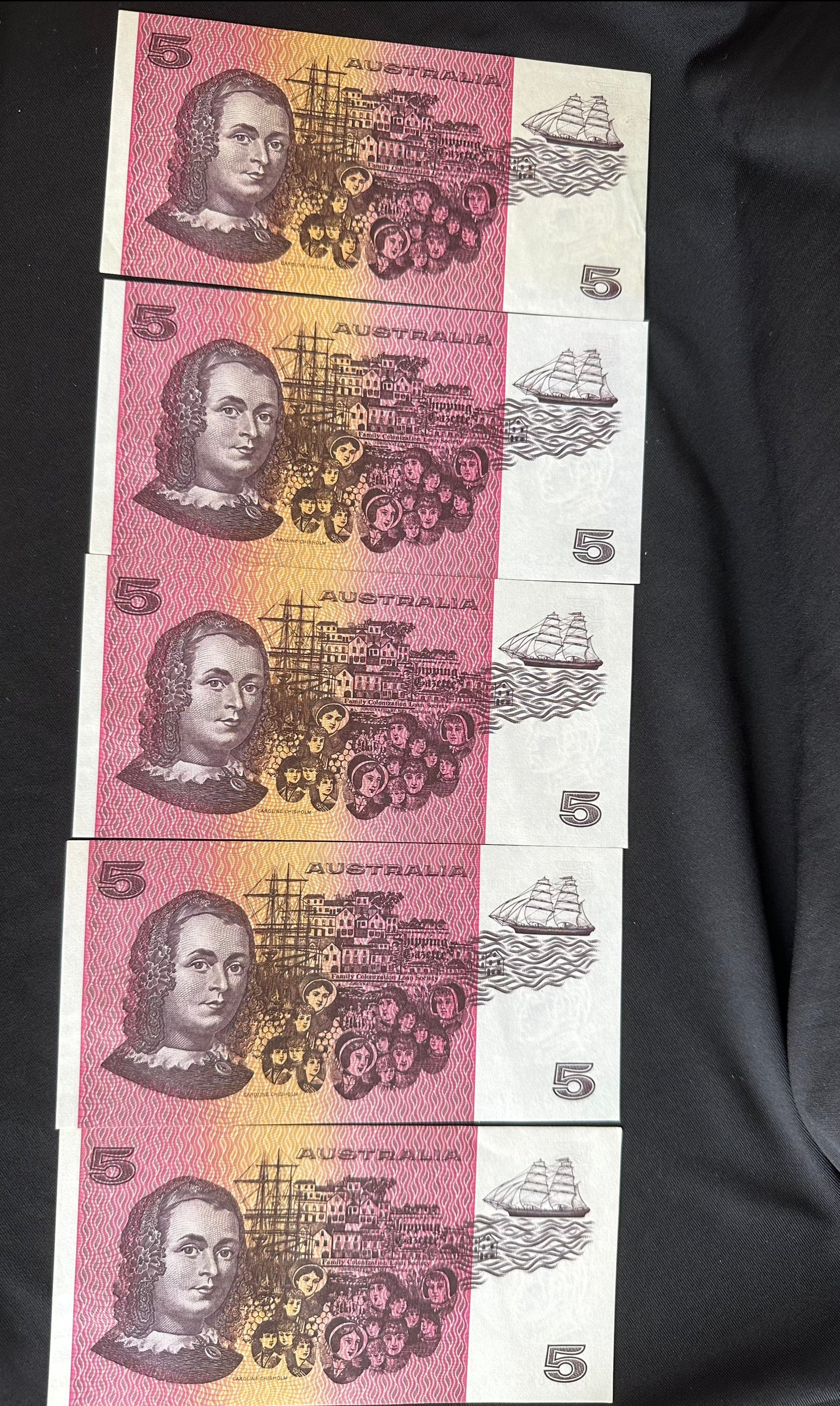 1985 $5 Australia Paper Banknotes - Johnston Fraser - Consecutive Run x5