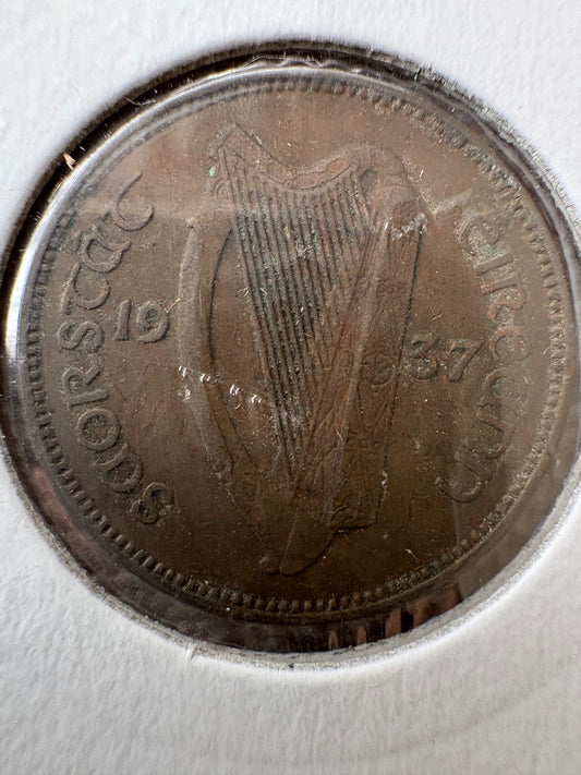 1937 Farthing - Ireland Saorstat Eireann 1/4 D Feoirling - 1/4 Phingin KM# 1