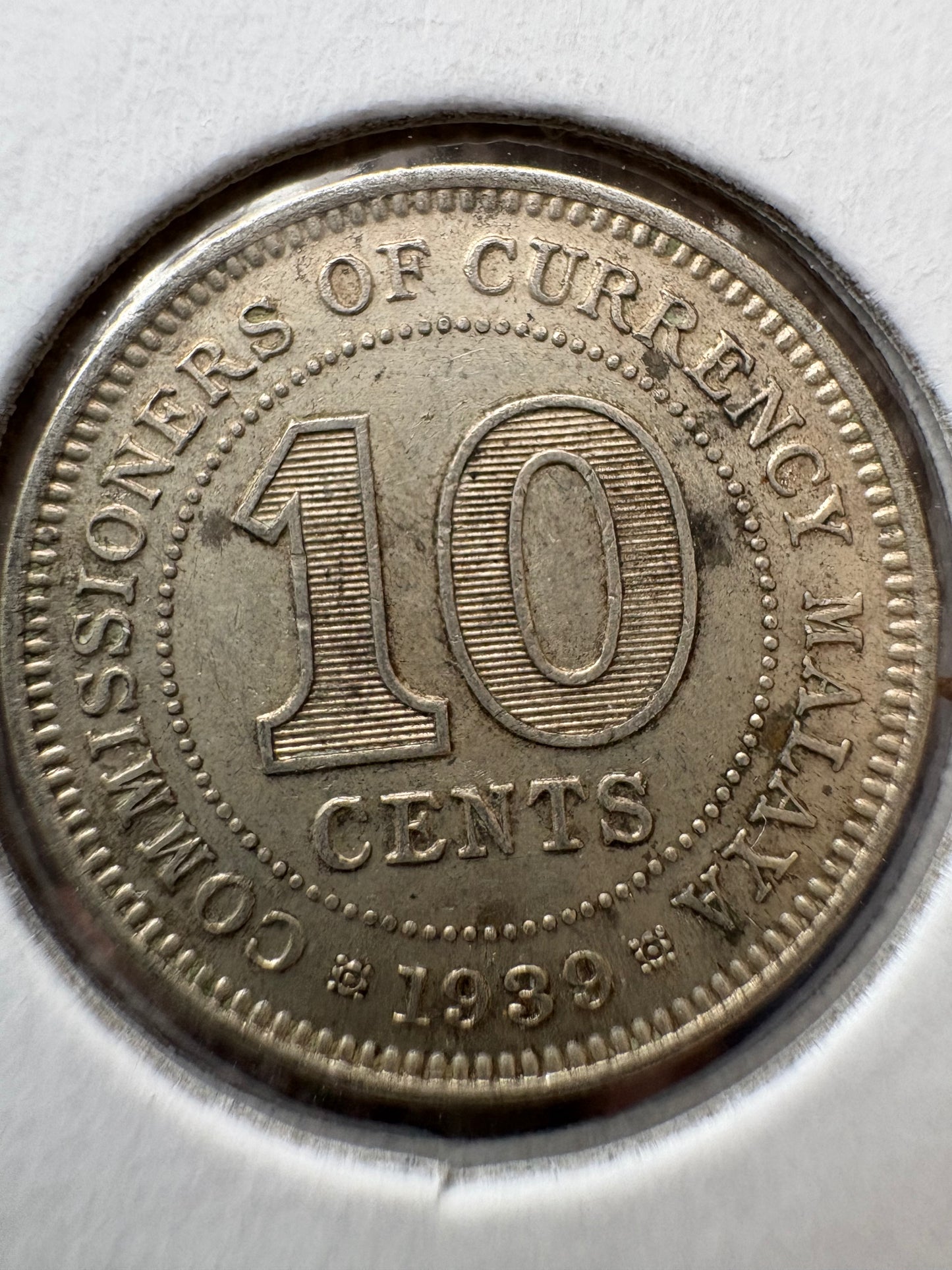 1939 Malaya 10 cent .750 Silver KM# 4