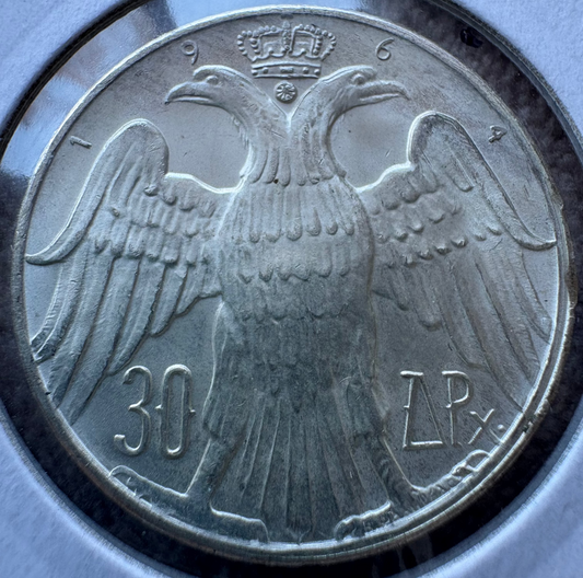 1964 Greece 30 Drachmai Constantine II Royal Marriage  .835 Silver KM# 87