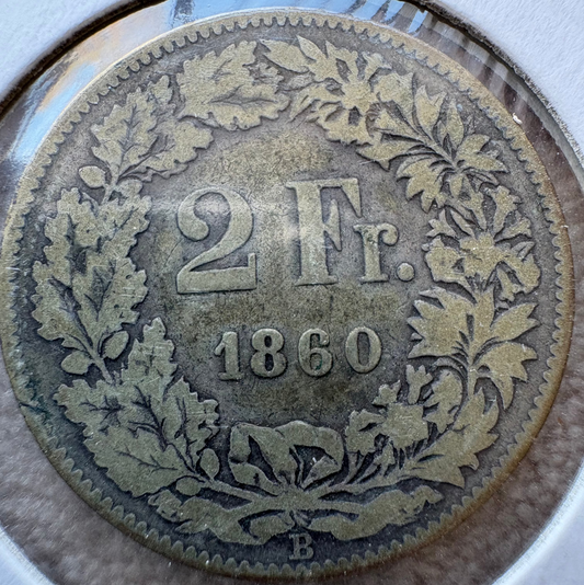 1860 Switzerland 2 Francs .800 Silver KM# 10a