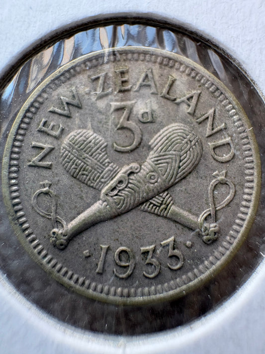 1933 New Zealand Threepence .500 Silver KM# 1