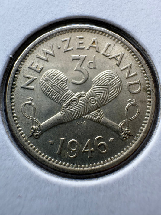 1946 New Zealand Threepence .500 Silver KM# 7