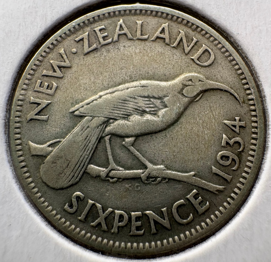 1934 New Zealand Sixpence .500 Silver KM# 2