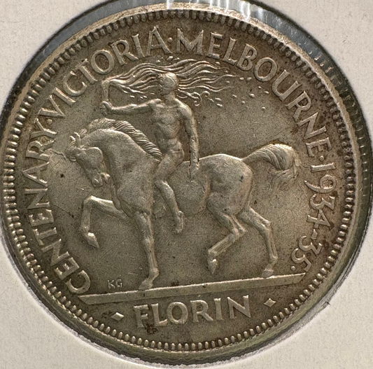 1934/35 Australian Melbourne Centenary Florin .925 Silver KM# 33
