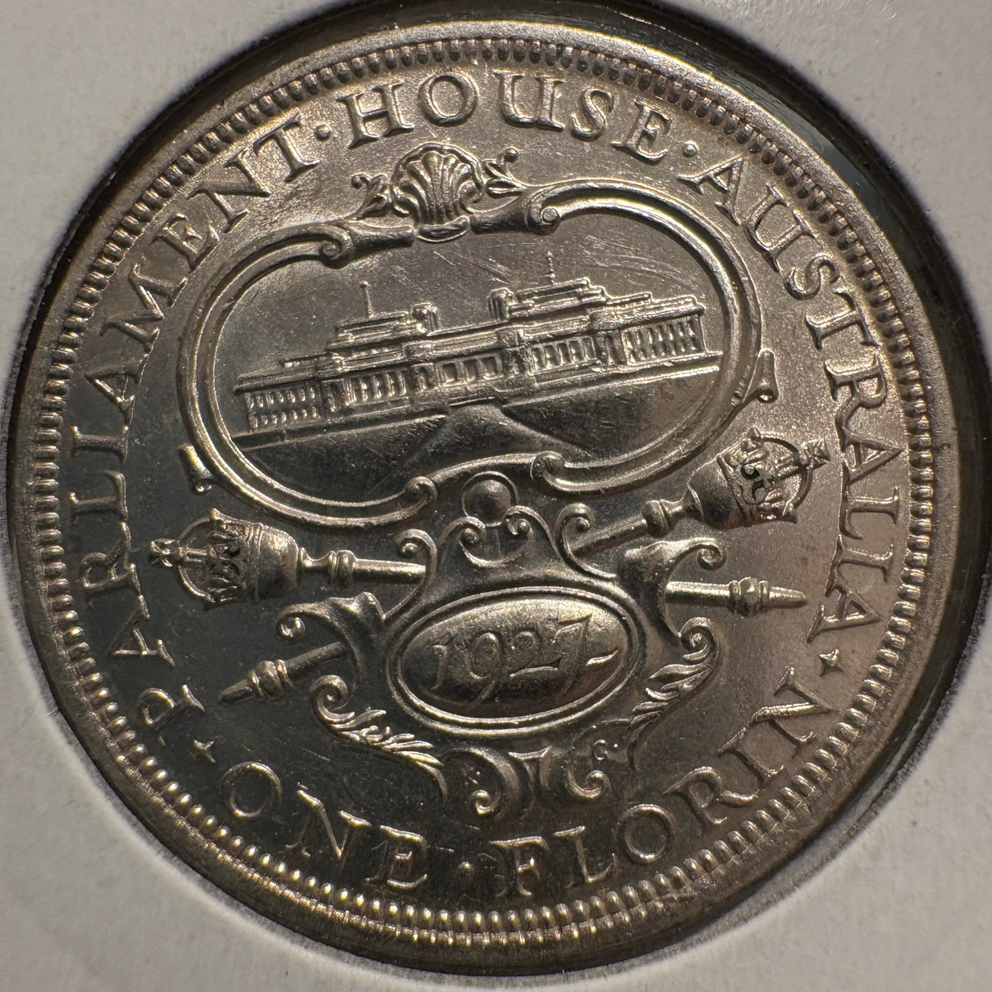 1927 Australian Canberra Florin .925 Silver KM# 31 - Error Partial Double Rim on Obverse