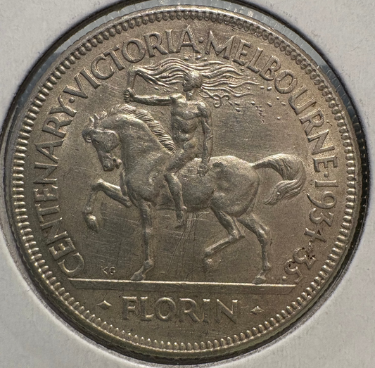1934/35 Australian Melbourne Centenary Florin .925 Silver KM# 33