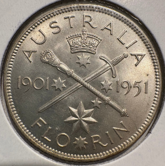 1951 Australian Jubilee Florin .500 Silver KM# 47