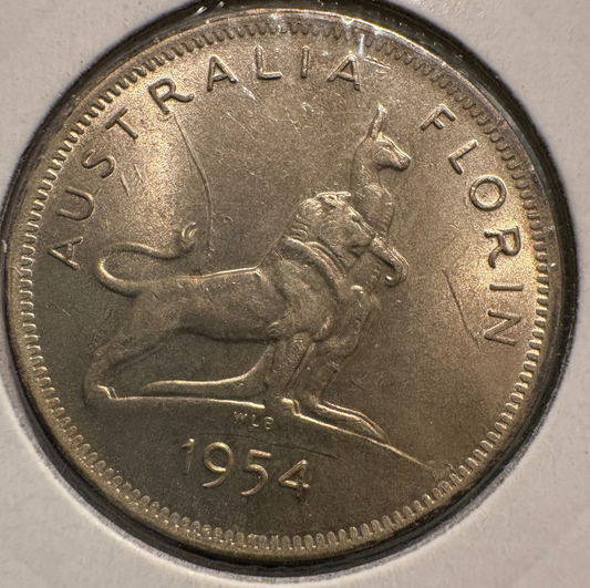 1954 Australian Royal Visit Florin .500 Silver KM# 55