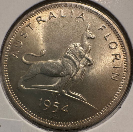 1954 Australian Royal Visit Florin .500 Silver KM# 55