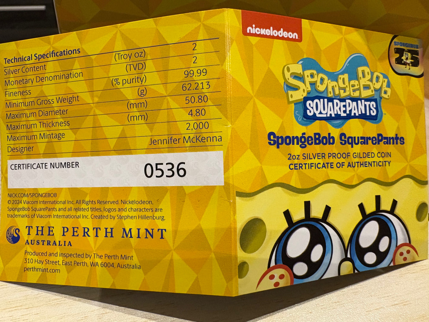 2024 $2 SpongeBob SquarePants 2 Oz Silver Proof Gilded Coin