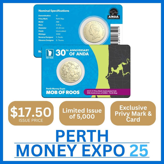 Australia ANDA Perth Money Expo 2025 $1 ANDA 30th Anniversary Map of Perth Privy Mark Uncirculated Coin
