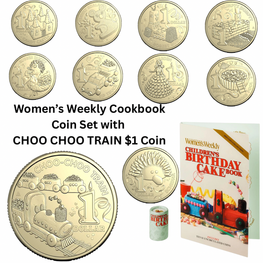 2025 Women's Weekly Children's Cookbook $1 Folder & Tube set with CHOO CHOO TRAIN $1 COIN