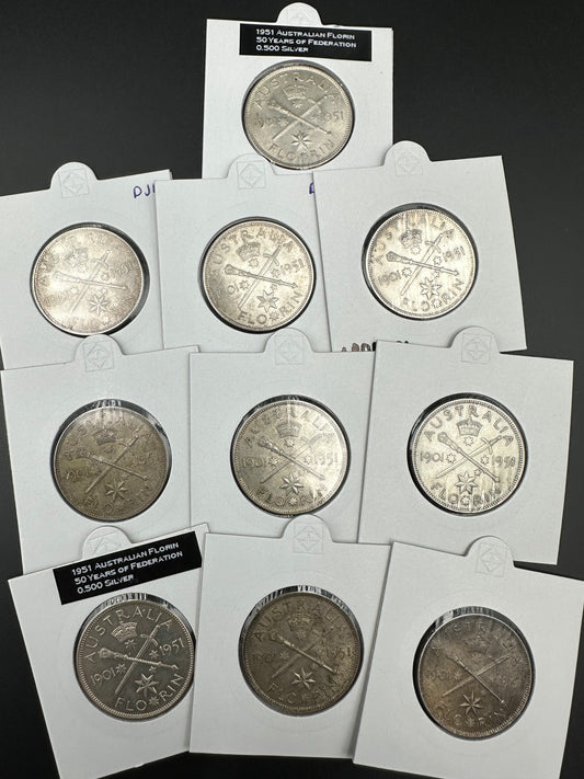 1951 Jubilee 50 Years of Federation Australian King George VI Florin Silver