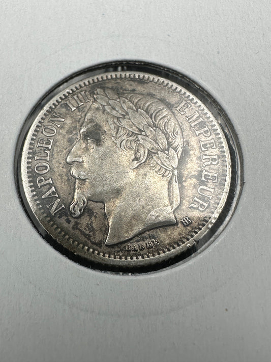 1866 France 1 Franc Napoleon III Coin - .835 Silver