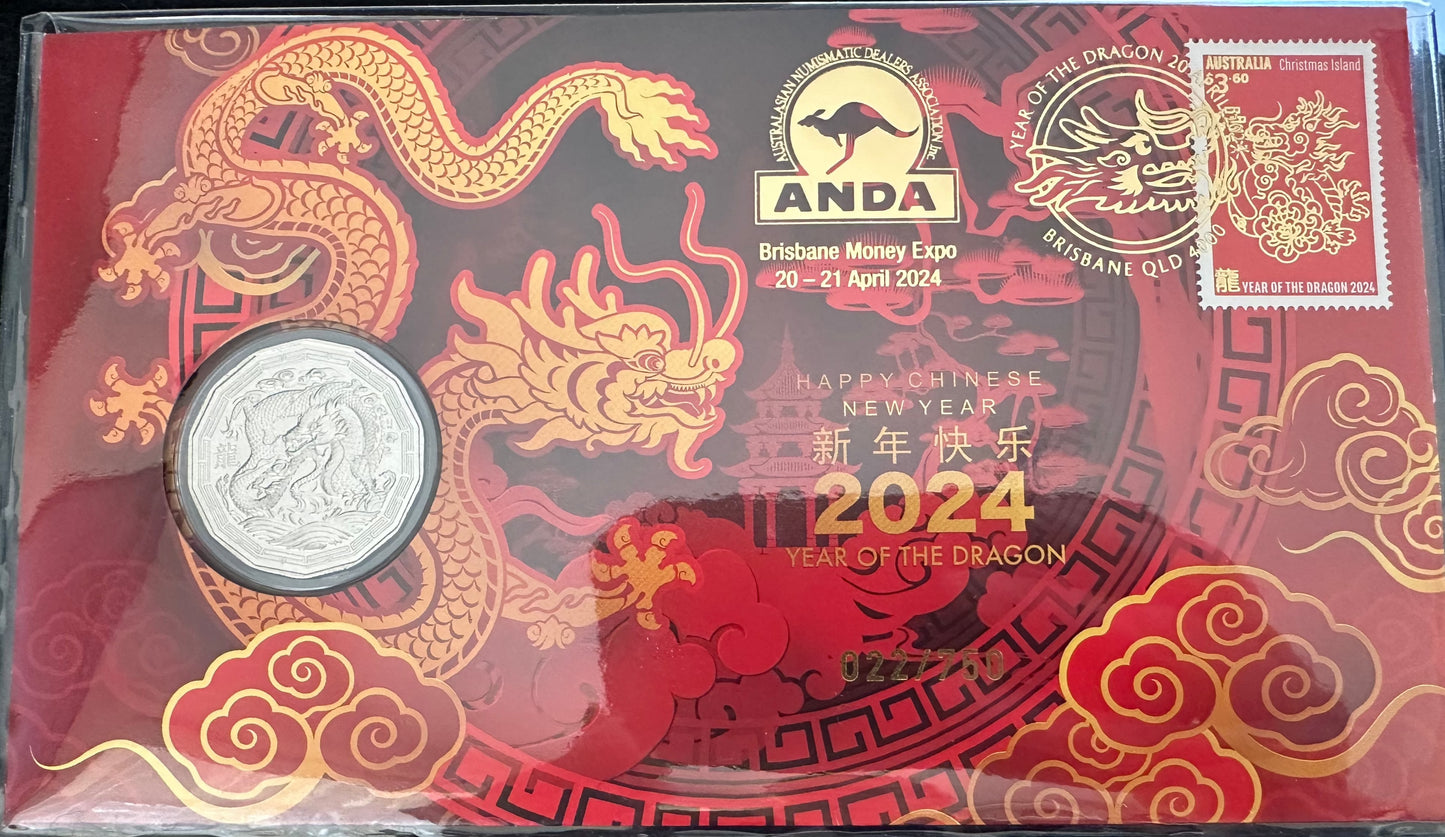 2024 Brisbane ANDA Overprint 50c Year of the Dragon Tetradecagon Coin and Stamp Cover PNC