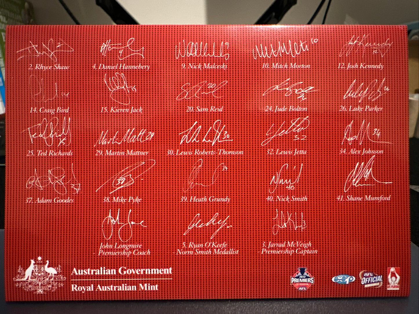 2012 AFL Premiers Sydney Swans Uncirculated $1 coin on card