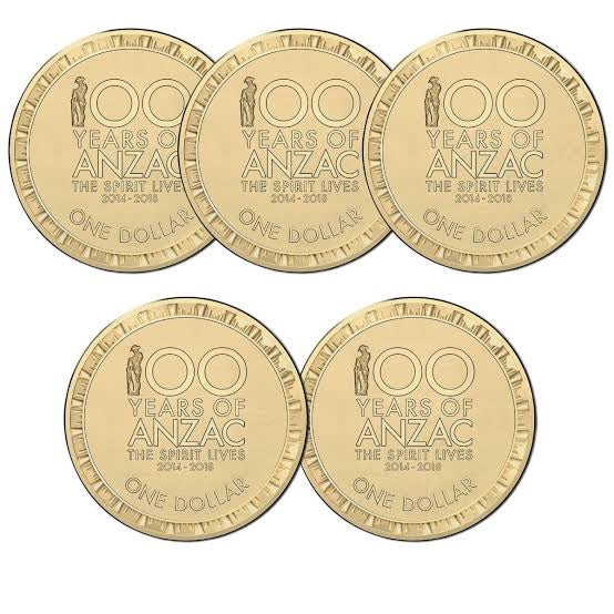 2014 - 2018 The Spirit Lives 100 Years of ANZAC One Dollar ($1) Australian Decimal Mint Rolls Set