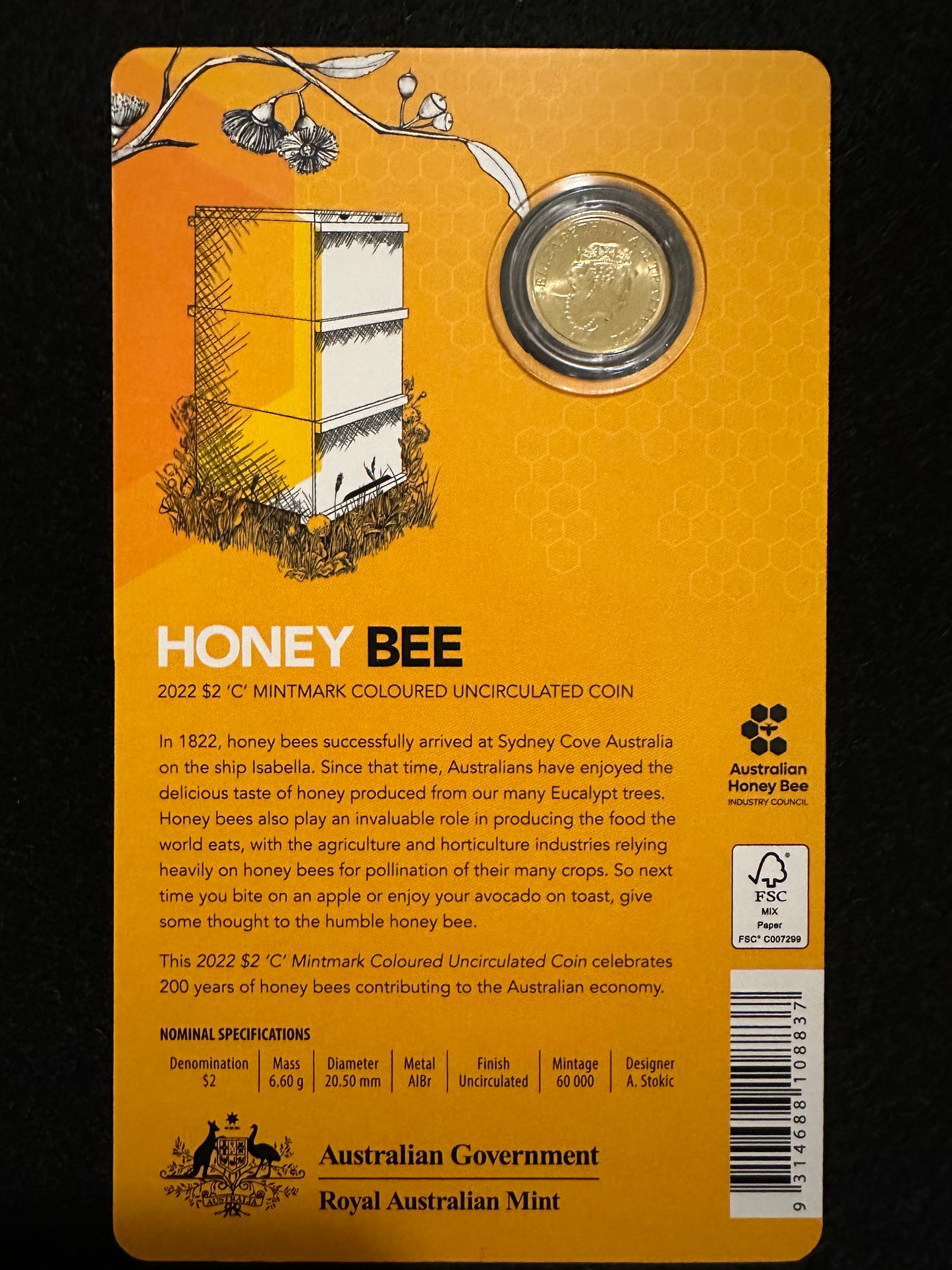 2022 $2 Honey Bee 'C' Mintmark Coin on card