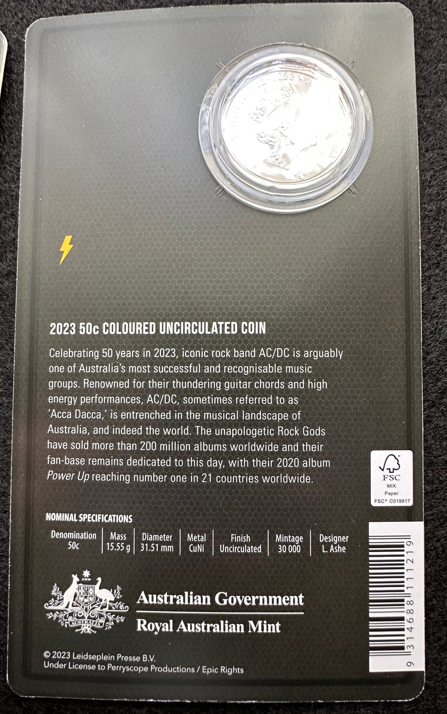 2023 50 cent 50th Anniversary of AC/DC CuNi Coloured Uncirculated Coin