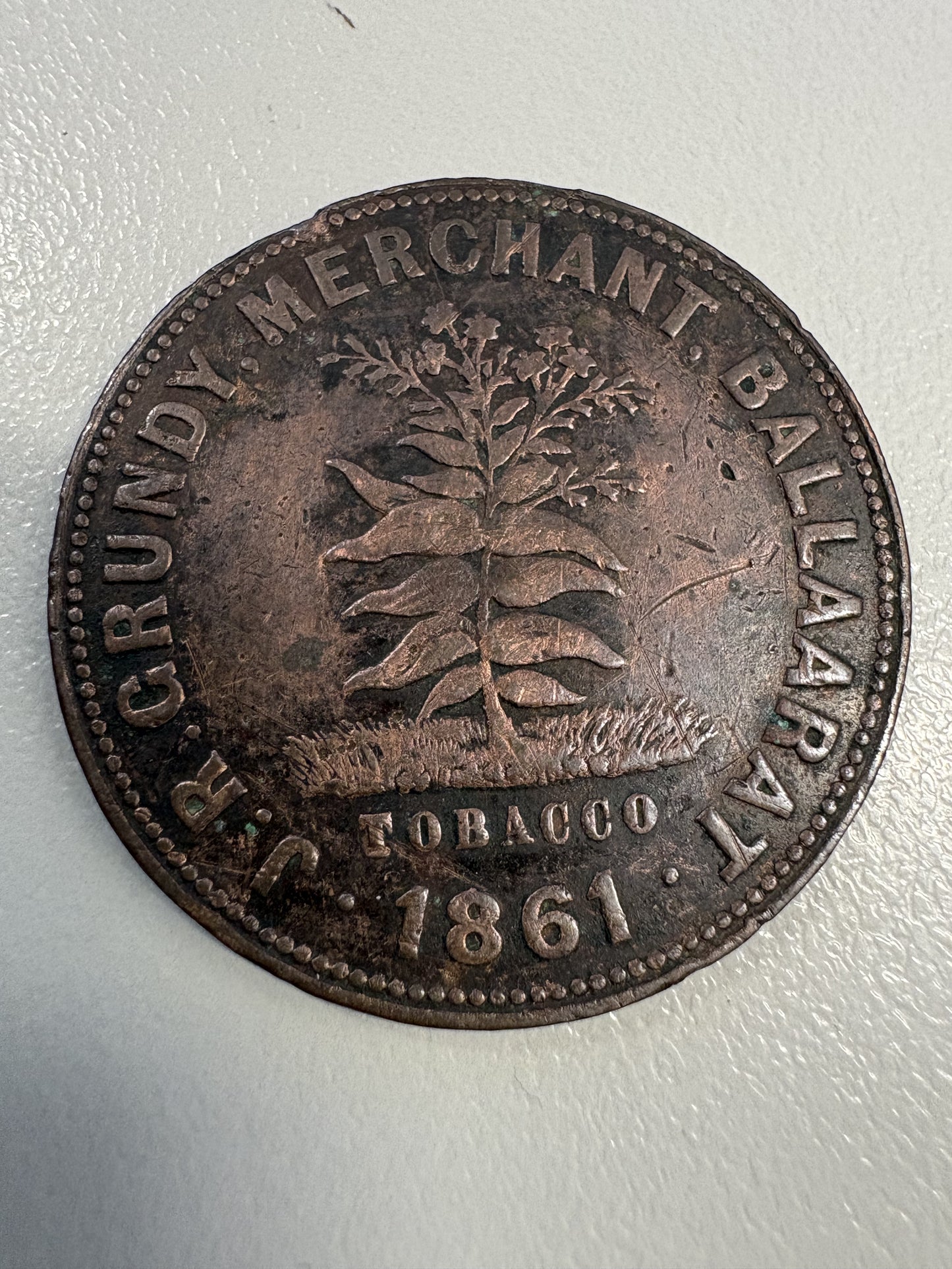 1861 JR Grundy Tobacco Merchant Ballarat Penny Token