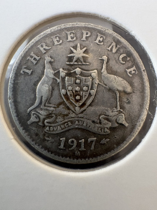 1917 Australia King George V Threepence Silver Coin