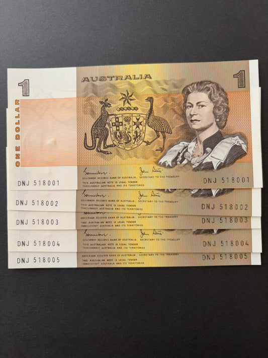 1982 $1 Australia Paper Banknote - Johnston Stone - Consecutive Run x5 notes