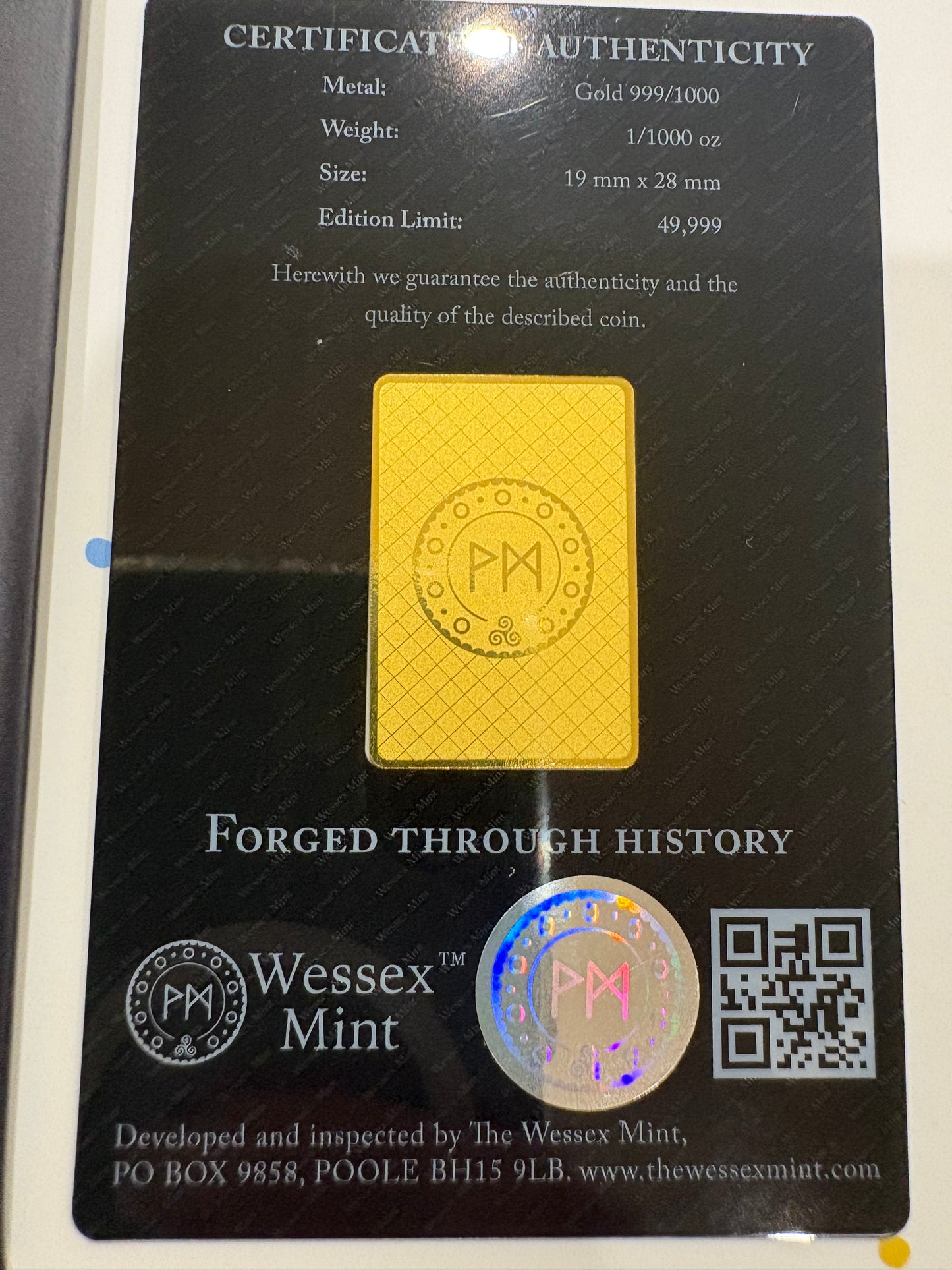 Wessex Mint Eagle 1/1000oz .999 Fine Gold Bar