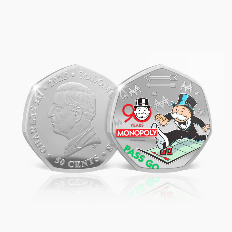 2025 50 cent 90 Years of Monopoly - Pass Go Silver Plated BU Coloured Coin