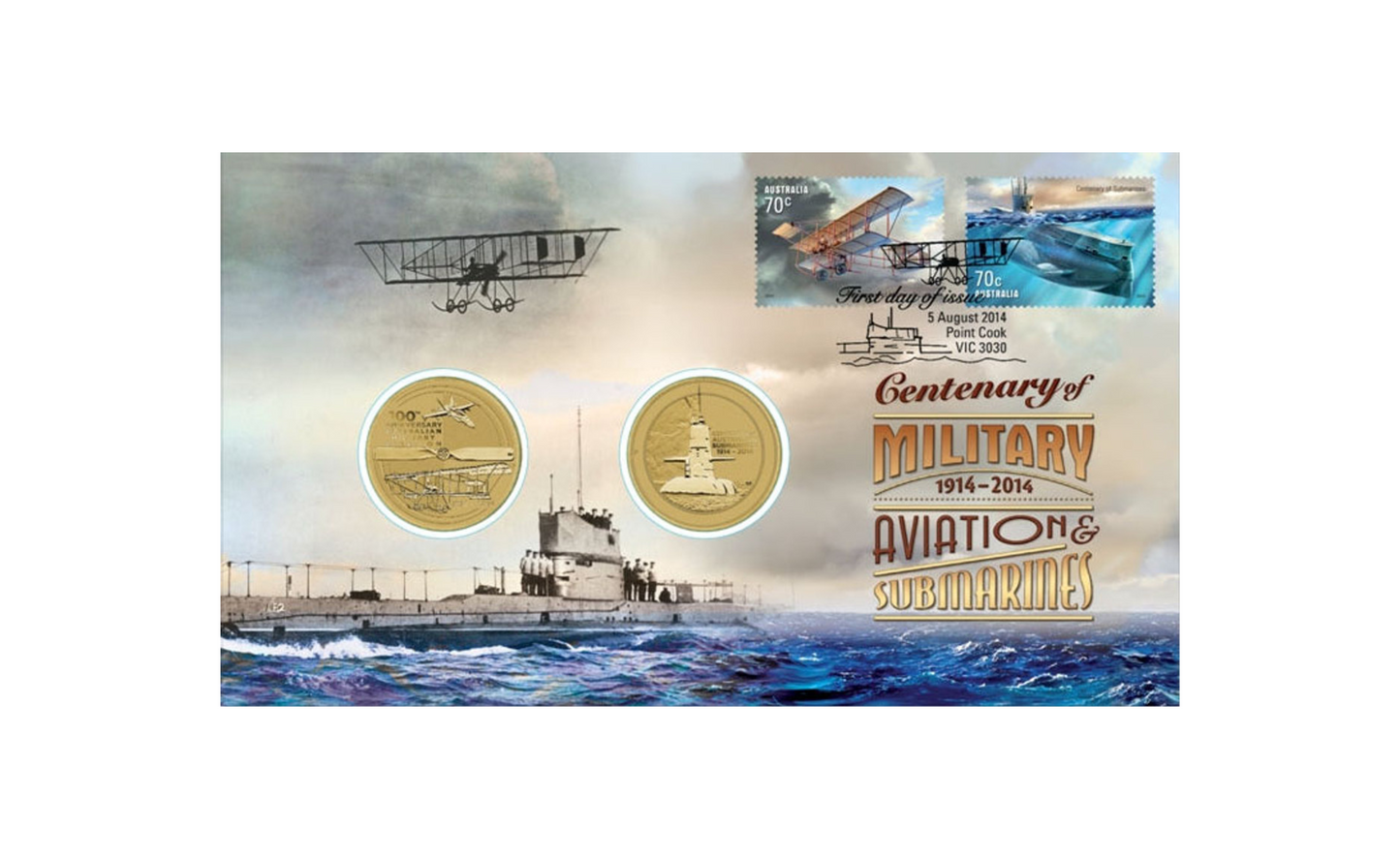 2014 $1 Centenary of Military Aviation and Submarines 2 Coin and Stamp Cover PNC