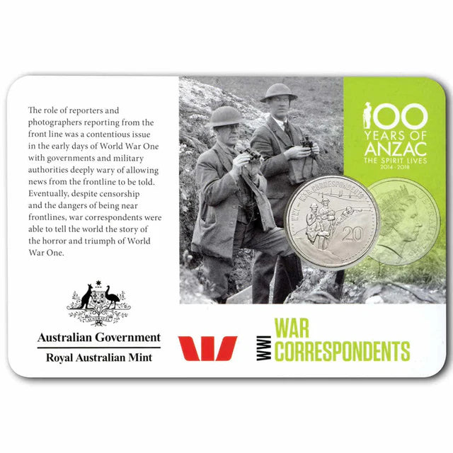 2015 20 cent coin - ANZACS REMEMBERED - WWI WAR CORRESPONDENTS