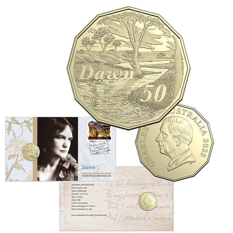 2025 50c Dorothea Mackellar – Dawn Postal Numismatic Cover (PNC)