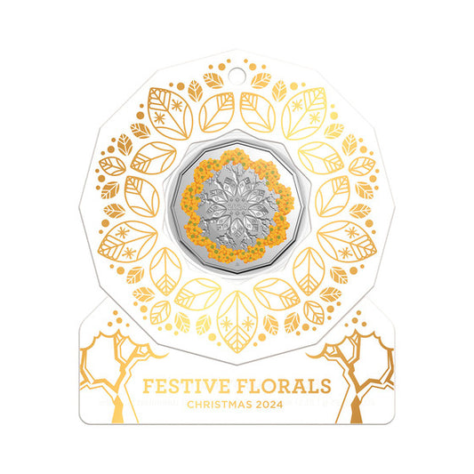2024 WHITE - Festive Florals Christmas Decoration 50c Colour Uncirculated Coin