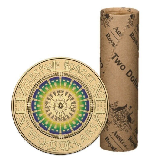 2017 $2 Coloured Lest We Forget Mosaic Head/Tail RAM Mint Roll
