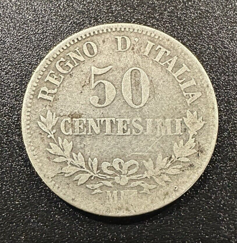 1863 Kingdom D’Italia Vittorio Emanuele II 50 Centesimi Emblem - 0.835 Silver