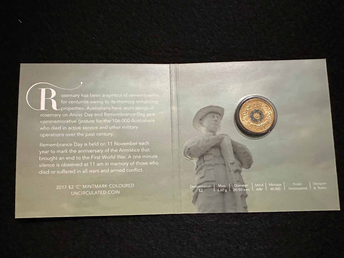 2017 $2 Remembrance Day 'C' Mintmark Coloured Uncirculated Coin in card