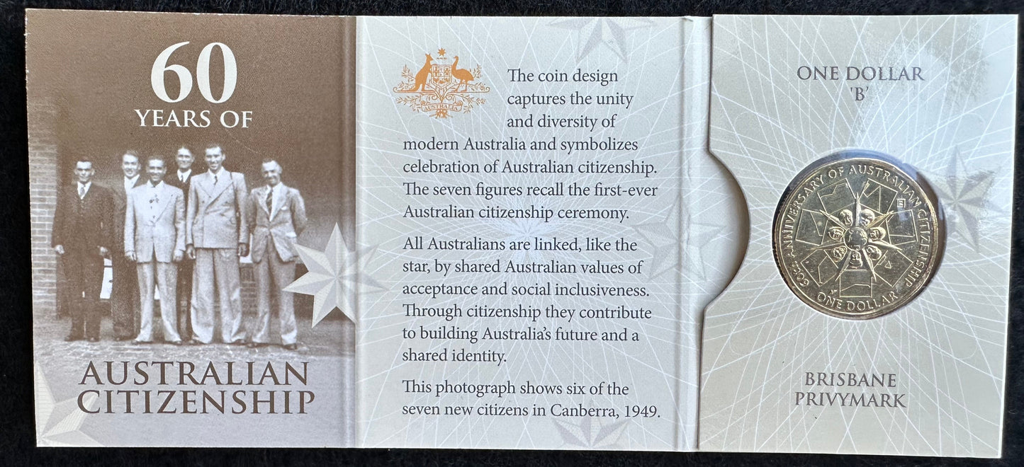 2009 $1 60 Years of Australian Citizenship B Mintmark carded coin