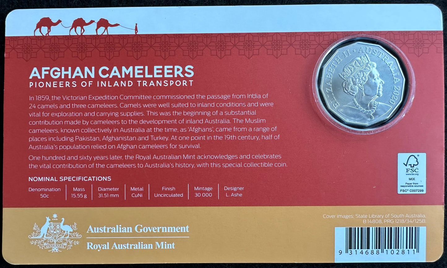 2020 50 cent Afghan Cameleers - Pioneers of Inland Transport Uncirculated carded coin