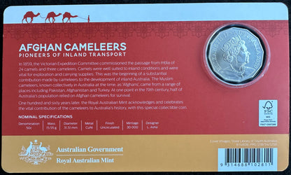 2020 50 cent Afghan Cameleers - Pioneers of Inland Transport Uncirculated carded coin