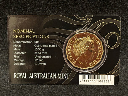 2015 Royal Australian Mint Fifty Cents 50c 50th Anniversary of RAM Gold Plated Carded Uncirculated Coin