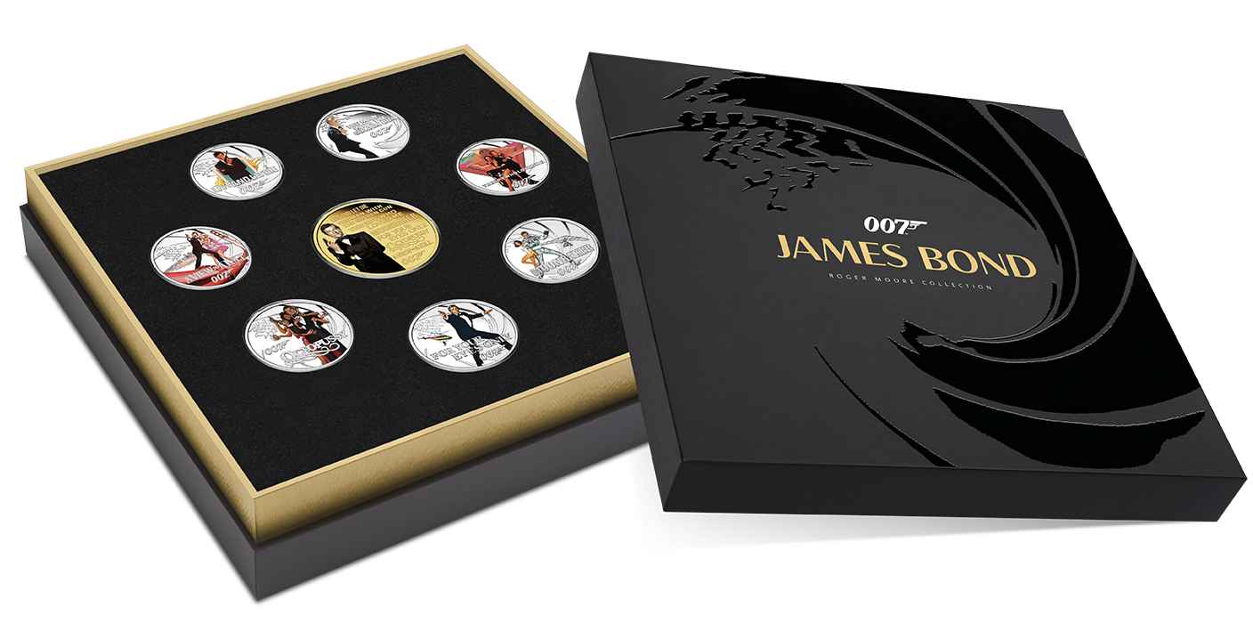 2024 James Bond Roger Moore - $1 & 50c Silver Proof 1oz & .5oz in 8 Coin Collection