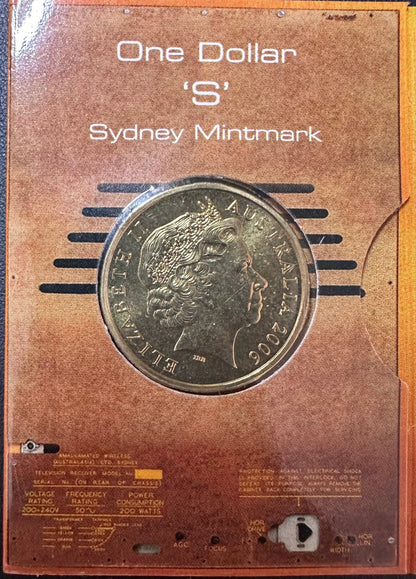 2006 50 Years of Australian Television "S Mintmark" One Dollar Coin in Ram Card