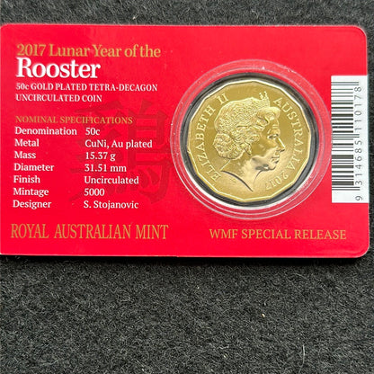 2017 Fifty Cent World Money Fair Year of the Rooster Gold Plated Tetra-Decagon (50c) Uncirculated Australian Decimal Coin Berlin Coin Issue