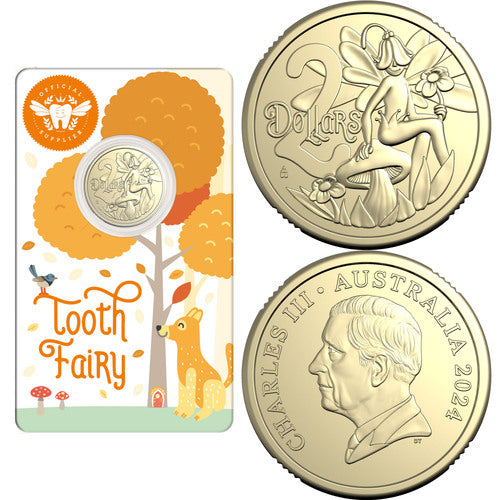 2024 $2 Tooth Fairy AlBr UNC Coin in Card with King Charles III Effigy