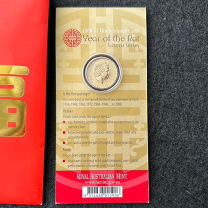 2008 $1 Lunar Year of the Rat Al Br Unc Coin in RAM Card