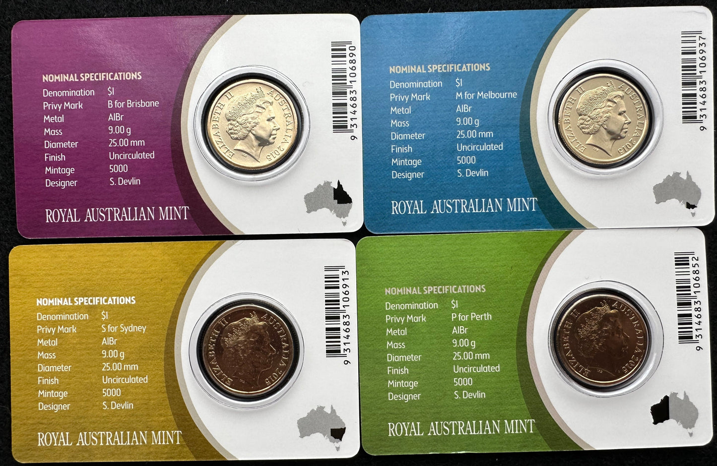 2015 Mob Of Roos $1 One Dollar Privy S,M,B & P Carded Coins