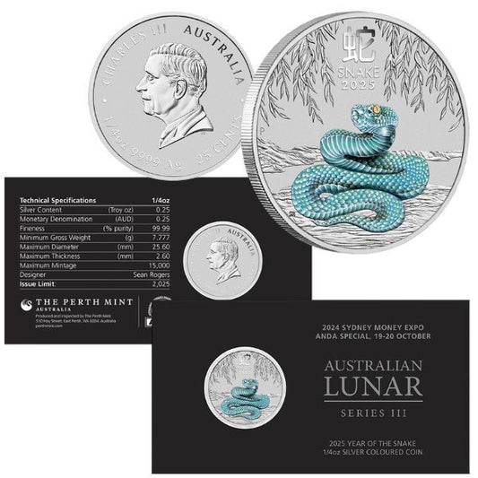 2025 Sydney ANDA Money Expo Exclusive: Lunar Series III 1/4oz Silver Coloured Snake Coin