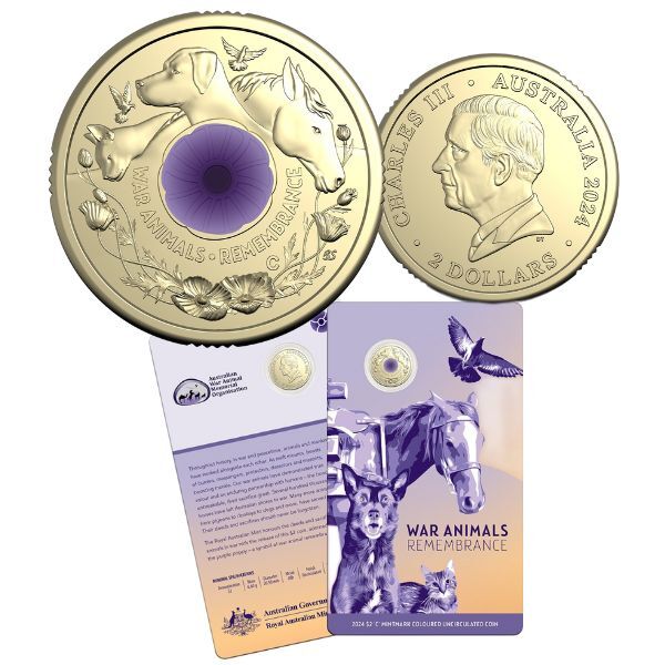 2024 War Animals Remembrance $2 C Mintmark Purple Poppy Coloured Uncirculated Coin