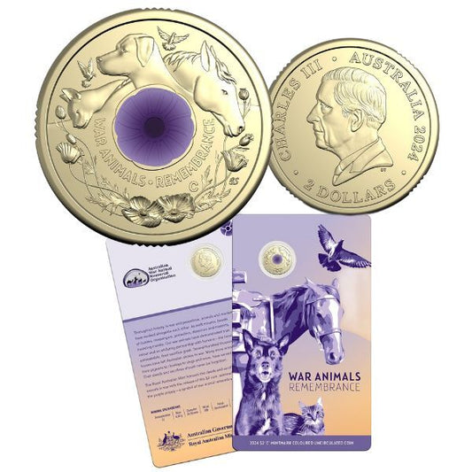 2024 War Animals Remembrance $2 C Mintmark Purple Poppy Coloured Uncirculated Coin