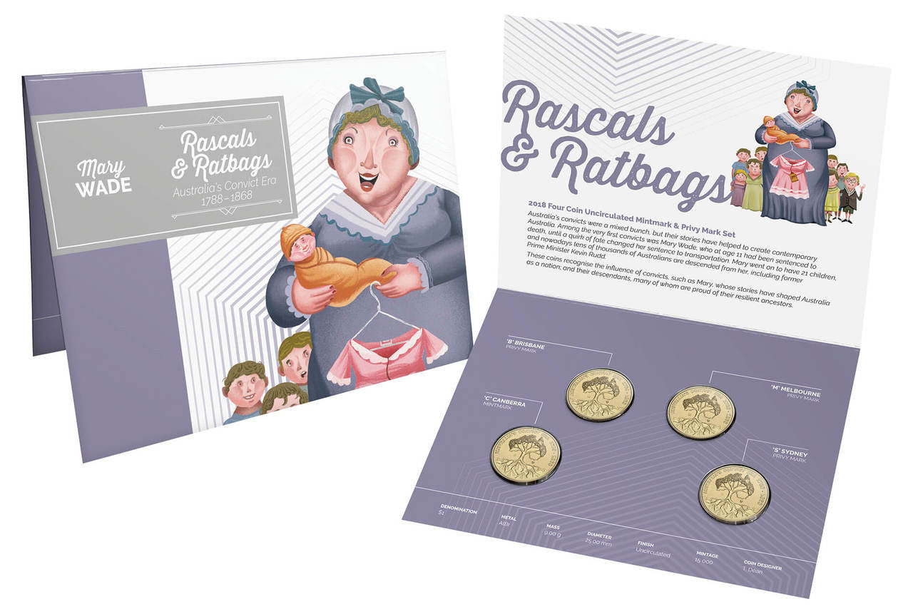 2018 Rascals & Ratbags Australia’s Convict Era 1788-1868 Four Coin $1 Mintmark & Privy Mark set